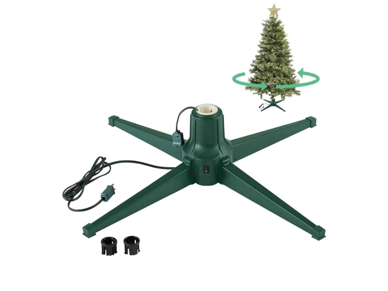 360 Degree Silent Electric Rotating Christmas Tree Stand Metal Base With 3 Size Pole Adapters On/Off Switch Fits 1-1.5 Inch Trunk Supports Artificial Trees Up To 7.5FT Tall