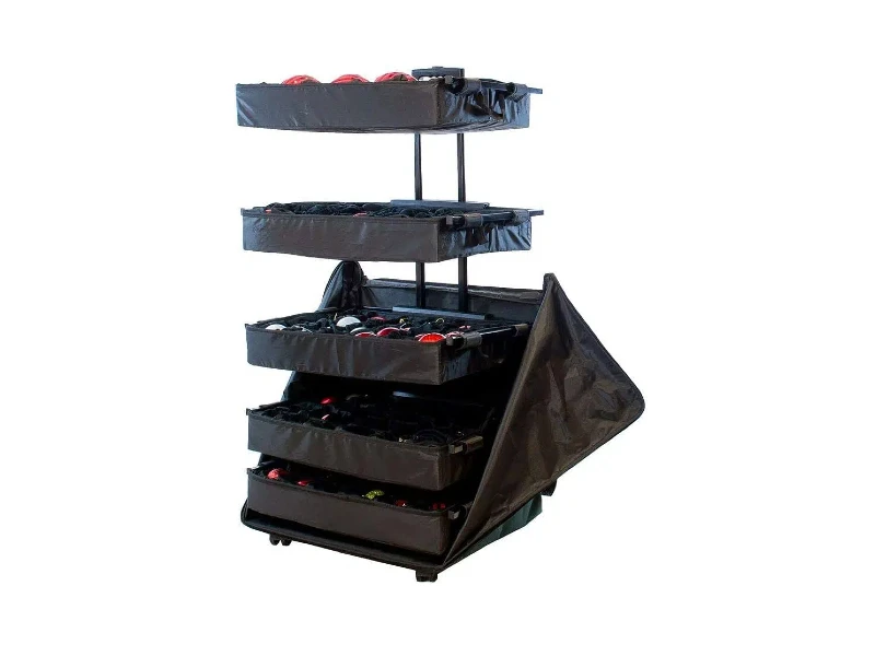 Green polyester rolling Christmas ornament trolley with telescoping metal frame, 5 detachable acid-free velour lined trays, adjustable dividers, wheeled base, air cushion protection for up to 4 inch ornaments
