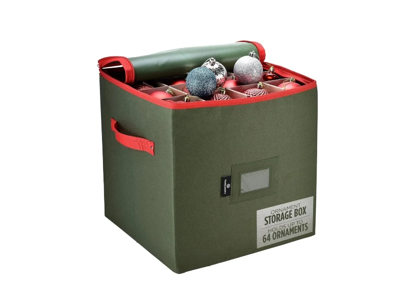Green 64 slot Christmas ornament box, dustproof fabric with zipper lid and adjustable dividers