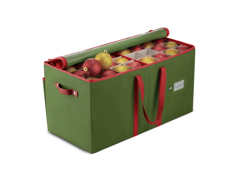 Green 128 compartment Christmas ornament organizer, waterproof 600D oxford fabric, adjustable cardboard dividers, reinforced carry handles and exterior storage pockets