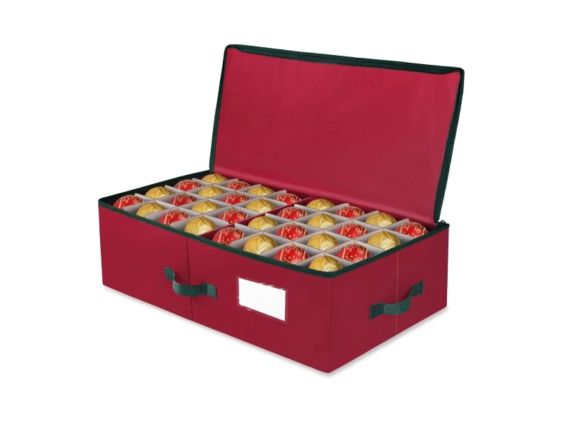 Red foldable fabric Christmas ornament organizer, dual zipper, label window, stitch handles, stackable adjustable cardboard dividers for 3 & 4 inch baubles