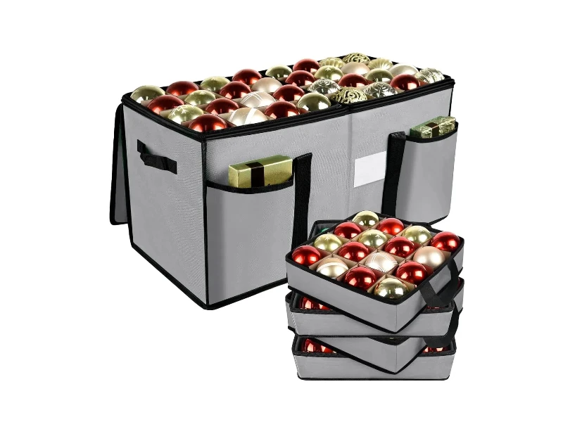 Gray 128-slot Christmas ornament container, waterproof 600D oxford with removable storage trays