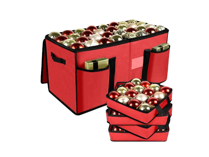 Red 128-slot Christmas ornament container, waterproof 600D oxford with removable storage trays