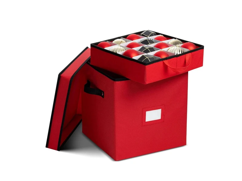 Red 64-slot Christmas ornament container, tear-resistant 600D oxford with removable storage trays