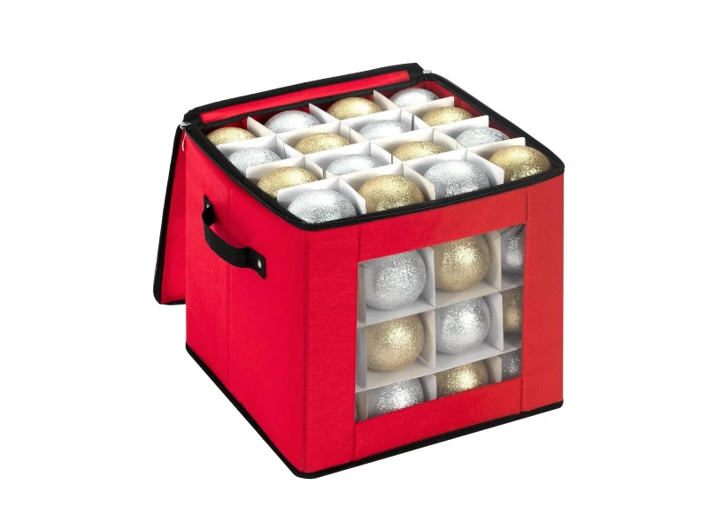 Red foldable 64 compartment ornament box, waterproof non-woven with transparent viewing window