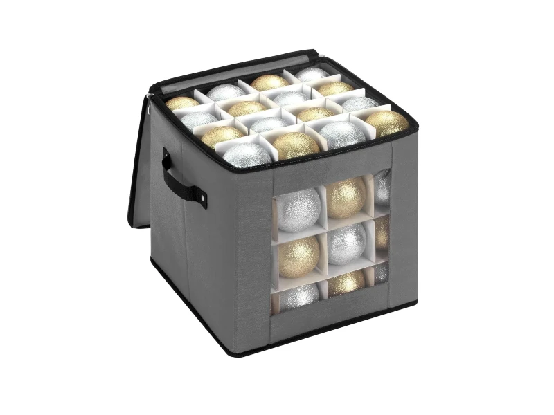 Gray foldable 64 compartment Christmas ornament box, dustproof non-woven with transparent window