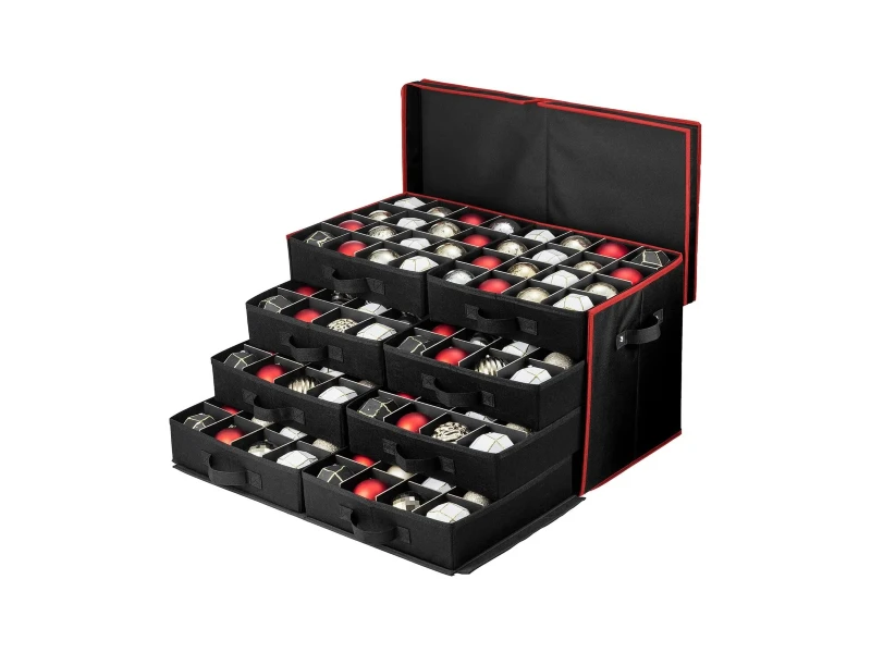 Black 5-layer Christmas ornament organizer, heavy-duty 600D oxford fabric, 5 pull-out trays with cardboard dividers, clear transparent lid, reinforced carry handles for 3-inch baubles