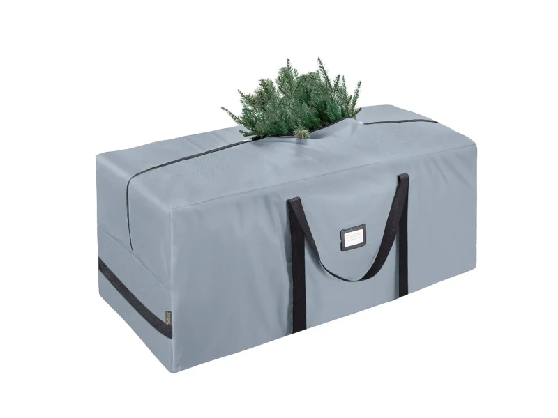 7.5 Foot Grey Christmas Tree Storage Bag Heavy Duty 900D Tear Resistant Oxford Canvas Dual Wide Zippers Multiple Reinforced Carry Handles Transparent ID Label Slot Inner Fixing Straps Water Dust & Pest Proof Foldable Storage Tote Holds Disassembled Artificial Xmas Tree Garlands Holiday Lights Decorations 50x16x20 Inch