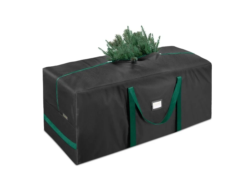 7.5 Foot Black Christmas Tree Storage Bag Heavy Duty 600D Tear Resistant Oxford Canvas Green Reinforced Carry Straps Wide Dual Zippers Transparent ID Label Slot Inner Fixing Buckle Straps Water Dust Bug Proof Foldable Storage Tote 50x16x20 Inch Holds Disassembled Artificial Xmas Tree Garlands Holiday Lights Decorations