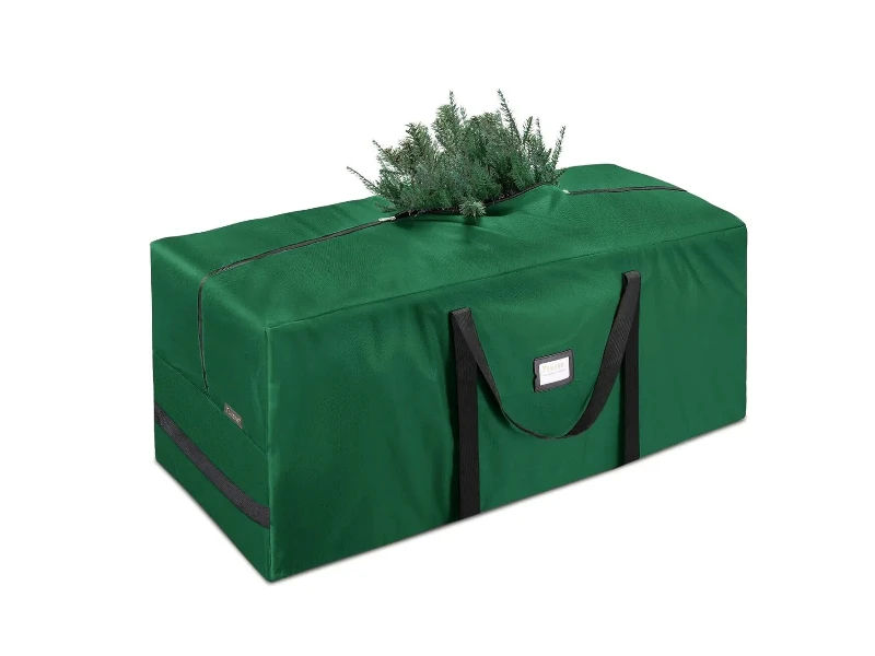 7.5 Foot Green Christmas Tree Storage Bag Heavy Duty 900D Tear Resistant Oxford Canvas Black Wrap-Around Carry Handles Wide Dual Smooth Zippers Transparent ID Label Pocket Inner Securing Buckle Straps Water Dust Critter Proof Foldable Storage Tote 50x16x20 Inch Holds Disassembled Artificial Xmas Tree Decor Lights Garlands Max 50LB Load Capacity