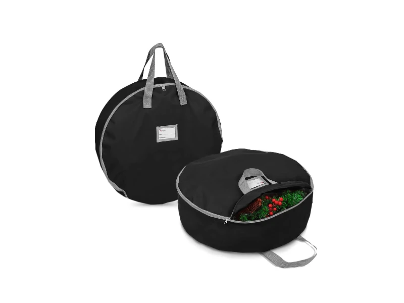 2 Pack 30 Inch Round Christmas Wreath Storage Bag Black 420D Oxford Polyester Dual Smooth Zippers Multiple Reinforced Carry Handles Front Name Card Label Slot Foldable Dust Moisture Proof Holiday Wreath Garland Organizer Bag