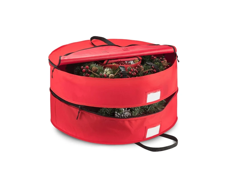 36 Inch Double Layer Christmas Wreath Storage Bag 600D Oxford Fabric Dual Independent Compartments Built-in Garland Zipper Pockets Dual Smooth Zippers Reinforced Carry Handles Dual Label Card Slots Dust Moisture Proof Holiday Wreath Organizer Holds 2 Wreaths Separately