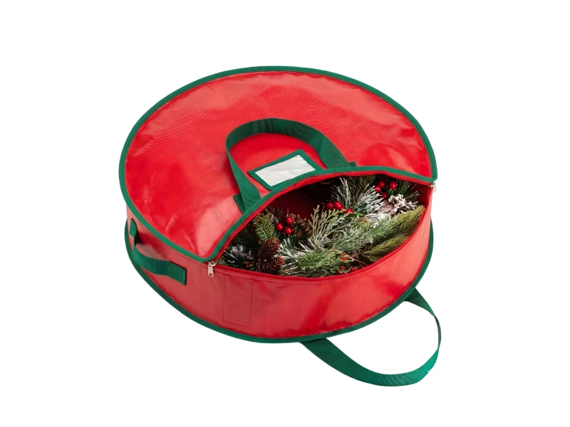 24 Inch Red Christmas Wreath Storage Bag Heavy Duty Waterproof Tarp Fabric Full Surround Dual Zipper Multiple Reinforced Carry Handles Dust Insect Moisture Resistant Holds Multiple Wreaths Garlands Holiday Light Decorations For Garage Attic Storage