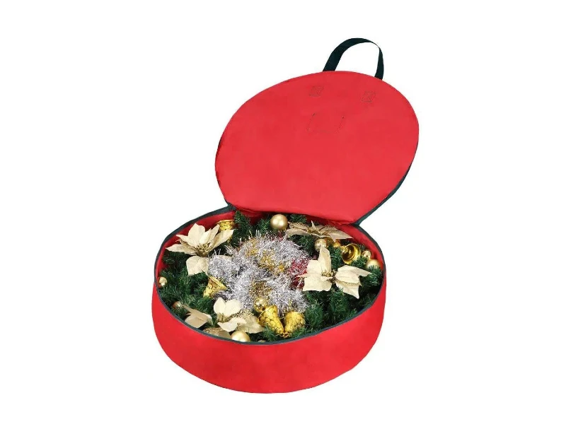 30 Inch Red Oxford Fabric Christmas Wreath Storage Bag Dual Smooth Zippers Stitched Reinforced Carry Handles Front Name Label Slot Dust Moisture Resistant Round Container For Xmas Halloween Thanksgiving Artificial Wreath Garland Decorations