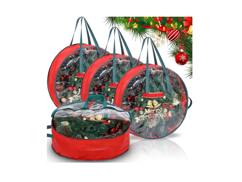 4 Pack 24 Inch Round Christmas Wreath Storage Bag Red Non-Woven Fabric Clear PVC See-Through Window Dual Smooth Zippers 3 Reinforced Carry Handles Waterproof Dustproof Organizer For Xmas Halloween Thanksgiving Seasonal Wreaths Garland Decorations