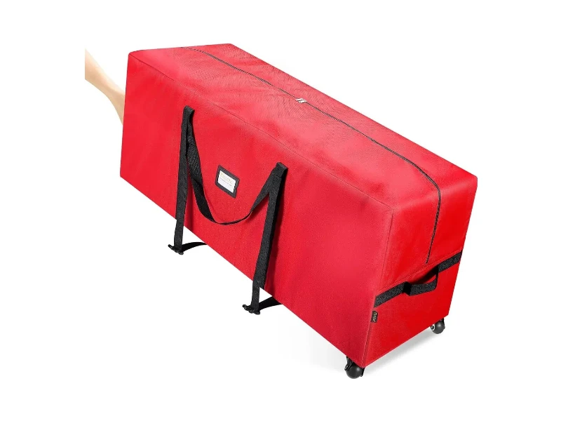 7.5ft red rolling Christmas tree storage bag, 600D oxford fabric with swivel wheels, dust and moisture resistant
