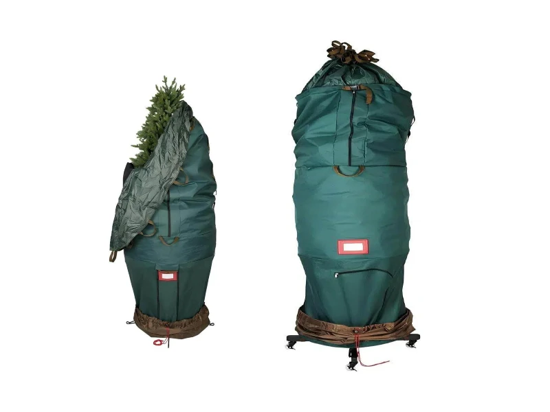9ft green upright Christmas tree storage bag, polyester fabric with rolling caster stand