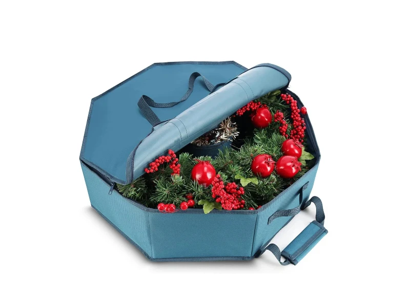 36 Inch Octagonal Hard Shell Christmas Wreath Storage Container Rigid Non-Woven Fabric Dual Zipper Reinforced Carry Handles Removable Interior Accessory Pockets Water Resistant Dustproof Holiday Wreath Protector Box