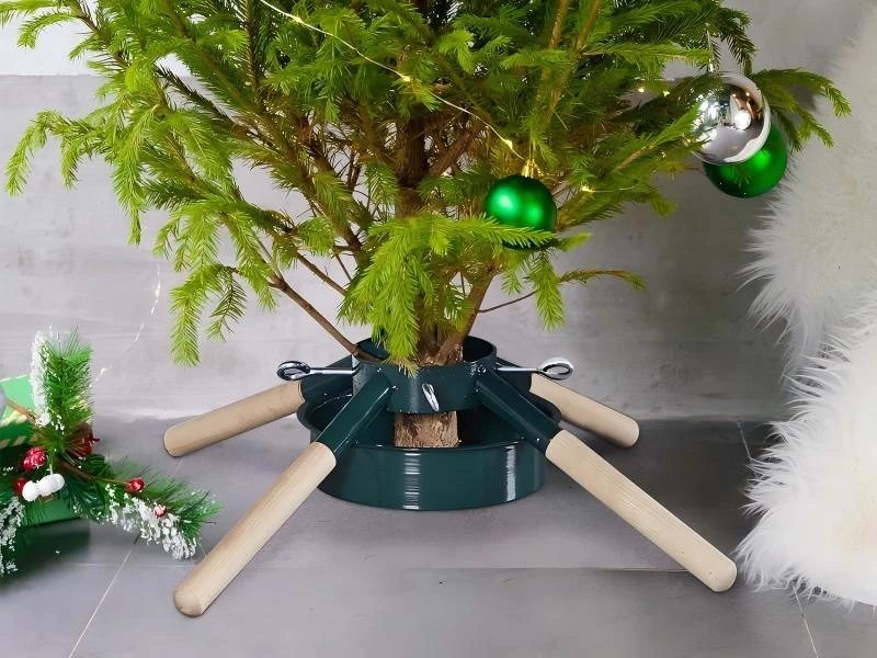 Powder Coated Metal Christmas Tree Stand With Detachable Beech Wood Legs 0.5 Gallon Leakproof Water Tray 26 Inch Leg Span Fits 1.37-4.72 Inch Trunks Supports Fresh Live Trees Up To 8FT Easy Disassembly For Storage